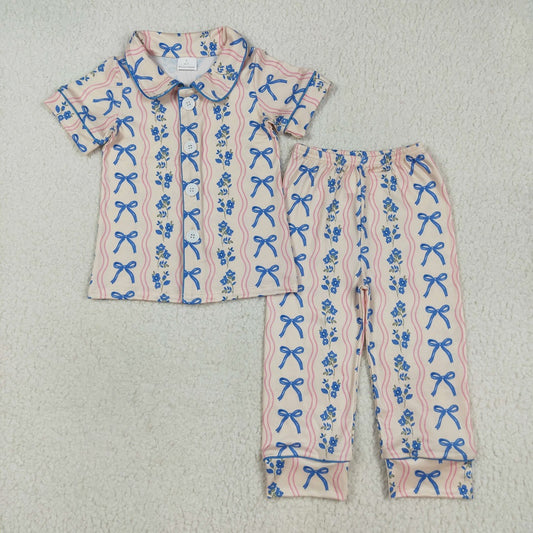 GSPO2050 Baby Girls Short Sleeves Blue Bows Flower Stripe Top Pants Pajamas Sets D 7.14