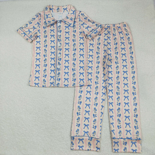 GSPO2051 Adult Women Blue Bows Flowers Stripe Button Top Pant Pajamas Sets D 8.2