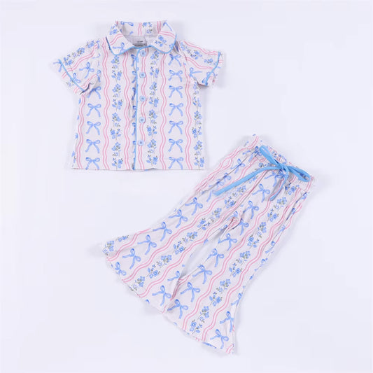 presale GSPO2052 Flower Blue Bow Pattern Wavy Line Short Sleeve Long Pants Pajama Set D 6.16