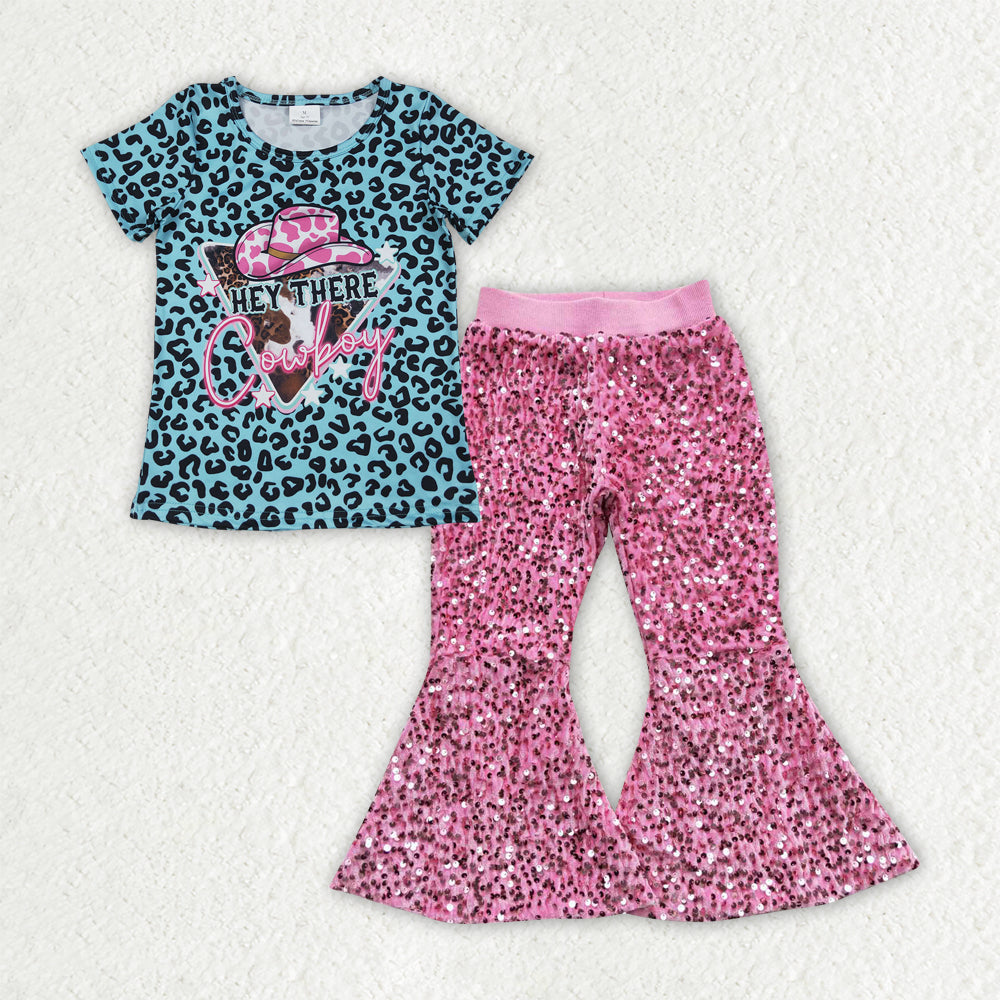 GSPO2053  Baby Girls Blue Leopard Cowboy Top Pink Sequin Bell Pants Clothes Sets D 6.25