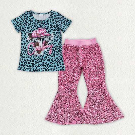 GSPO2053  Baby Girls Blue Leopard Cowboy Top Pink Sequin Bell Pants Clothes Sets D 6.25