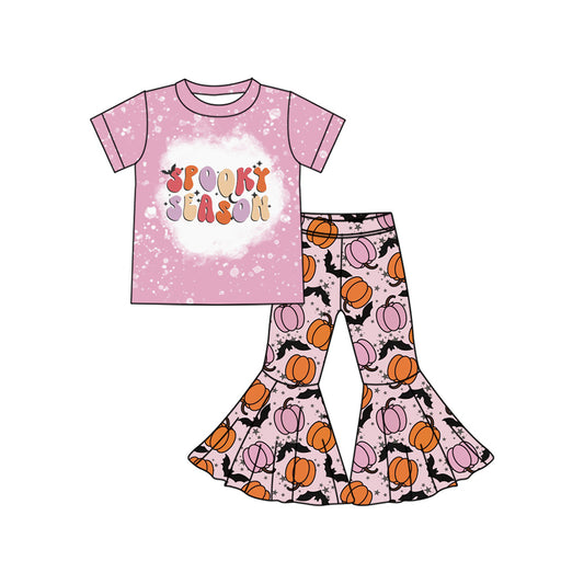 presale GSPO2055 Baby Girls Spooky Season Top Pumpkins Bats Bell Bottom Pant Set D 7.8