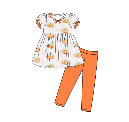 presale GSPO2057 Baby Girls Short Ruffle Sleeves Pumpkins Plaid Tunic Legging Pant Set D 7.14