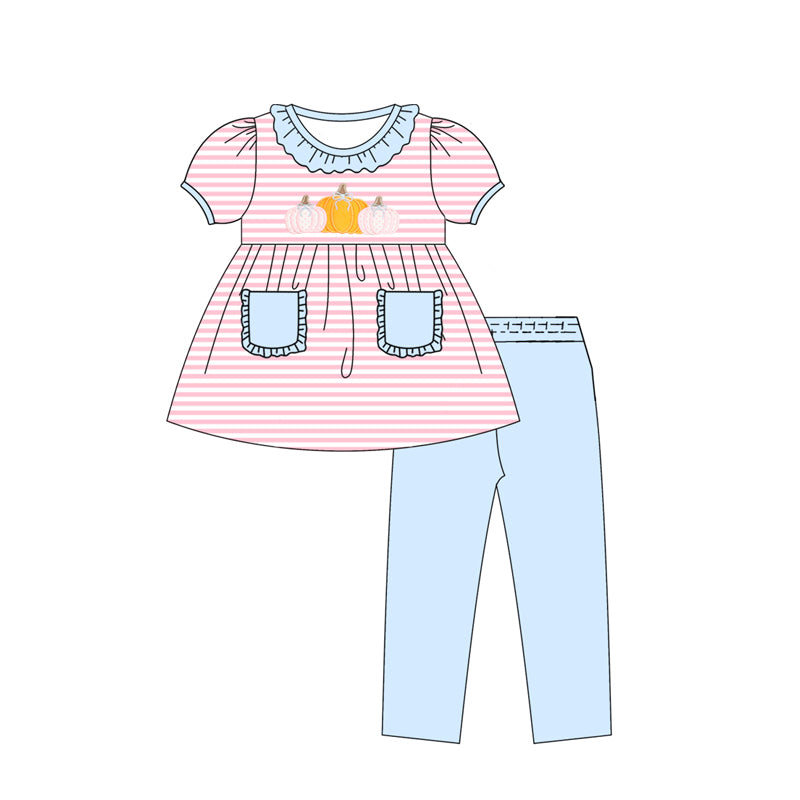 presale GSPO2059 Baby Girls Pink Stripes Pumpkins Pockets Tunic Leggings Pant Fall Set  D 7.29