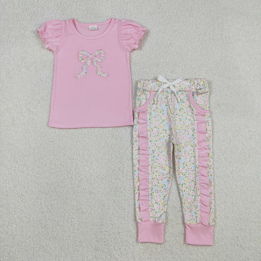 Floral Bows Baby Girls Outfit with Embroidery Shirt And Ruffle Leggings Set with Pockets for Infants And Toddlers