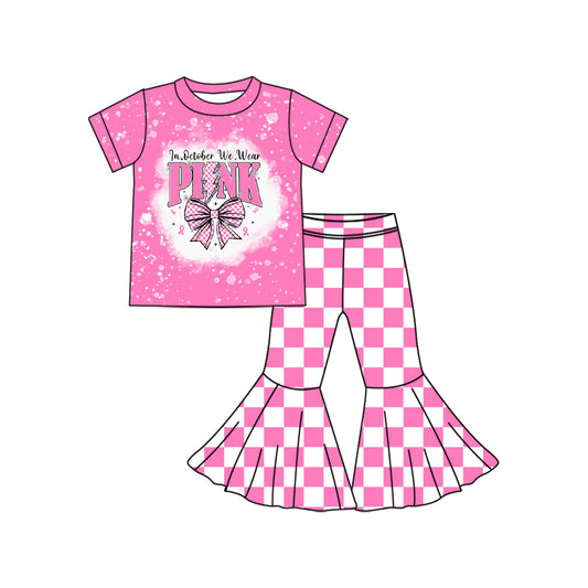 presale GSPO2063  Baby Girls Pink Bows Top Plaid Bell Bottom Pant Set D 8.11