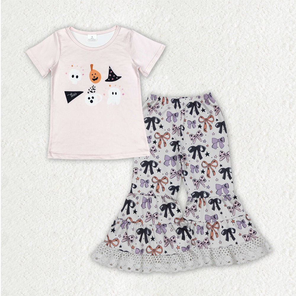 GSPO2065 Baby Girls Ghost Pumpkins Top Bows Lace Bell Bottom Halloween Clothes Set D 8.11