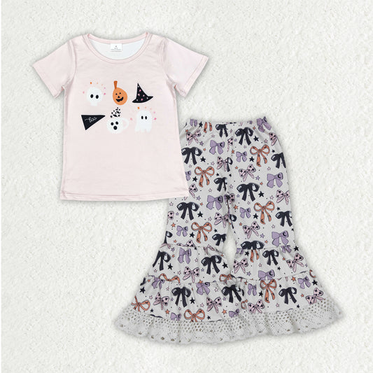 GSPO2065 Baby Girls Ghost Pumpkins Top Bows Lace Bell Bottom Halloween Clothes Set D 8.11