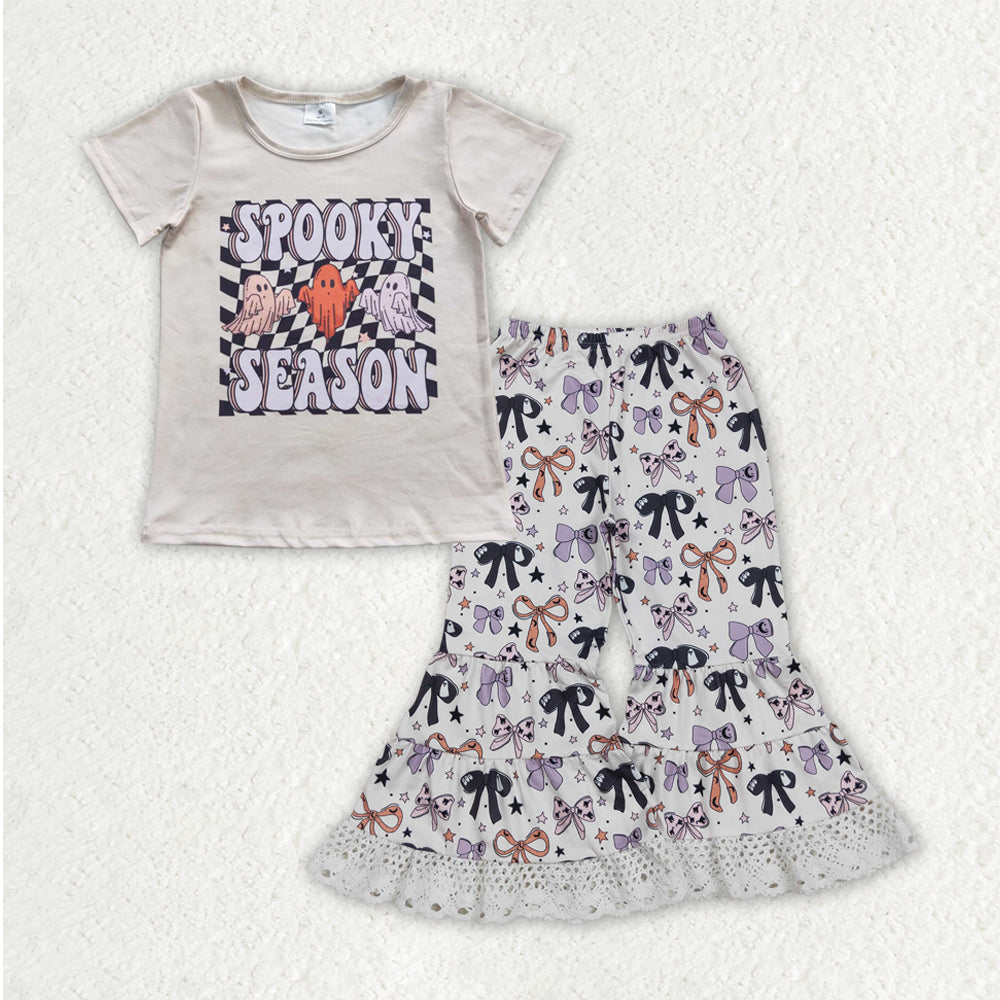 GSPO2066 Baby Girls Spooky Ghosts Top Bows Lace Bell Bottom Halloween Clothes Set   D 8.11