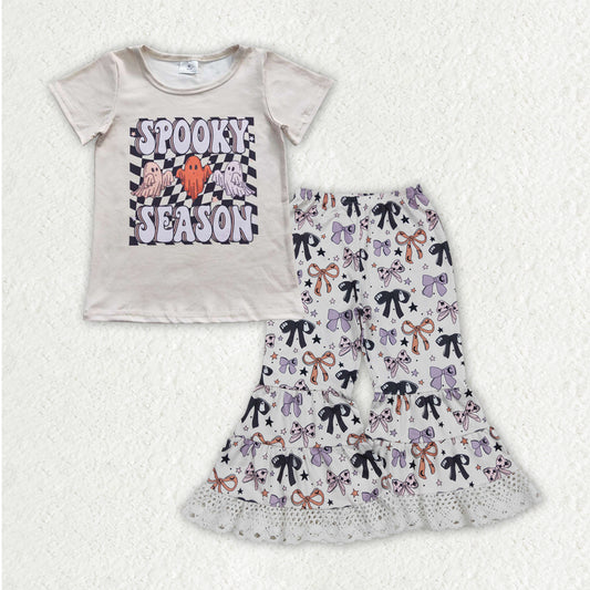 GSPO2066 Baby Girls Spooky Ghosts Top Bows Lace Bell Bottom Halloween Clothes Set   D 8.11