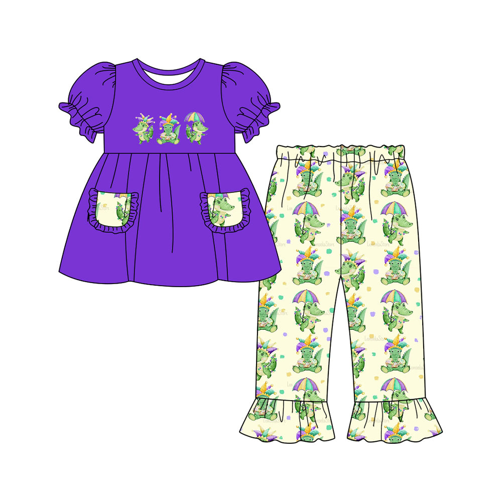 presale GSPO2068  Carnival Dinosaur Purple Lace Pocket Short Sleeve Pants Set  D 912