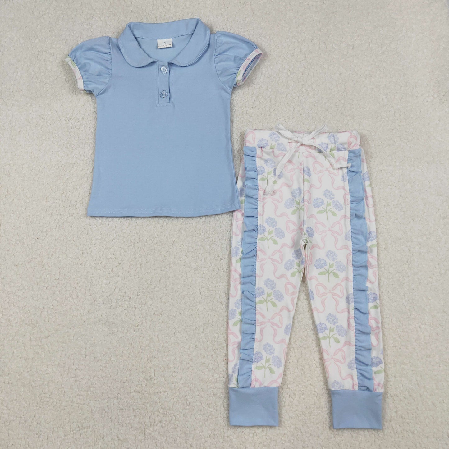 GSPO2069  Baby Girls Blue Short Ruffle Sleeve Button Shirts Leggings Clothes Set  D 916