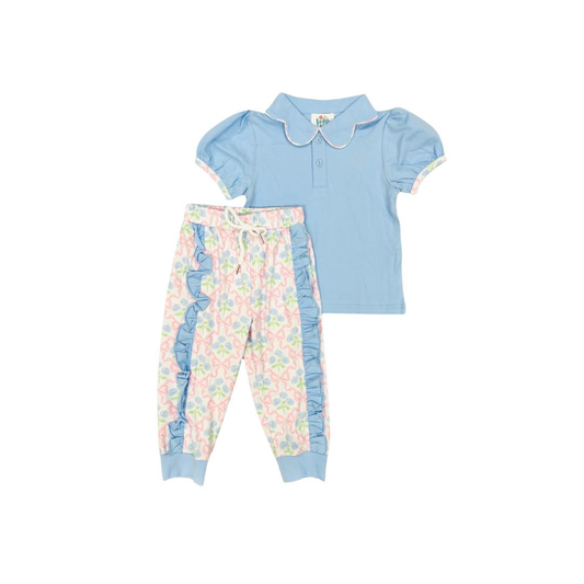 presale GSPO2069  Baby Girls Blue Short Ruffle Sleeve Button Shirts Leggings Clothes Set  D 916