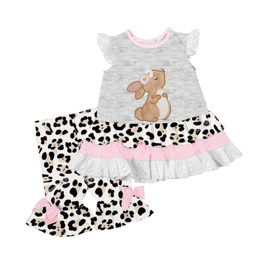 presale GSPO2070  Baby Girls Rabbit Leopard Tunic Bell Bottom Pants Easter Clothes Sets  D 916