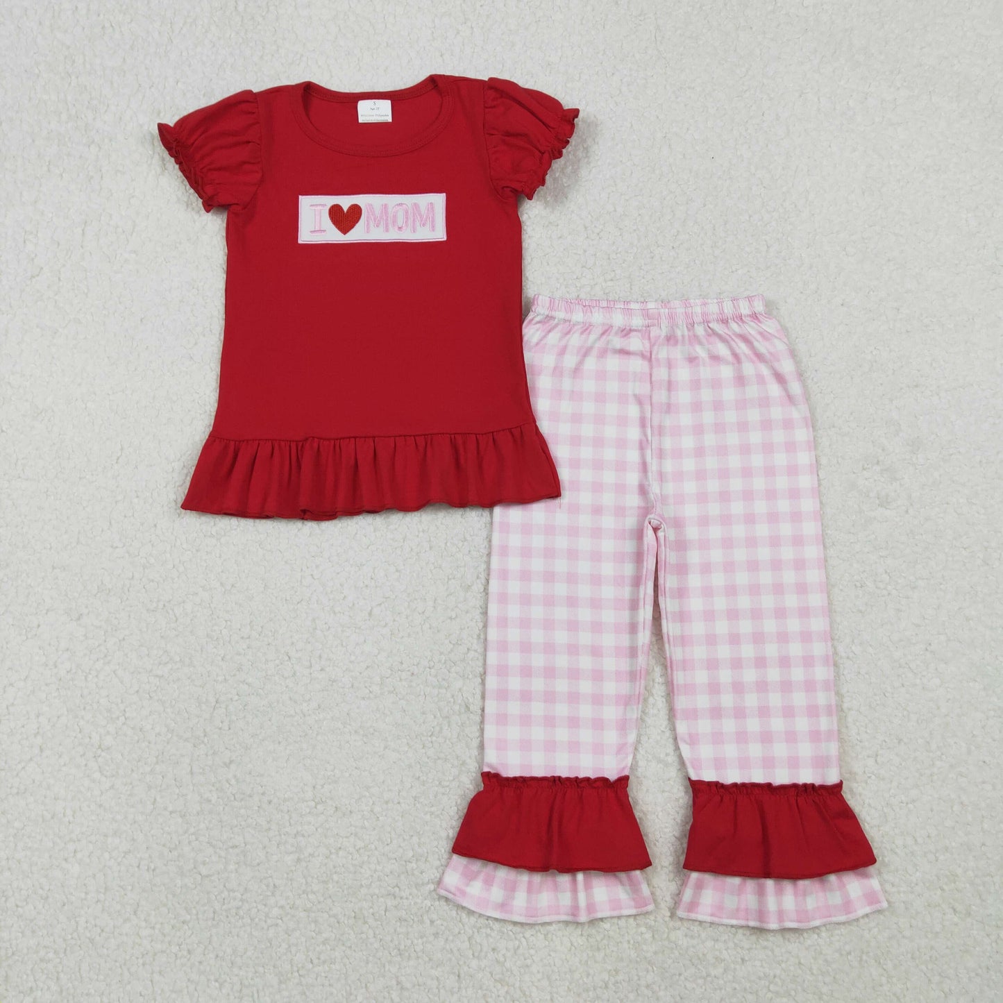 GSPO2071 Embroidery I Love Mom Baby Girls Shirts Checked Ruffle Pants Clothes Sets  D 1027