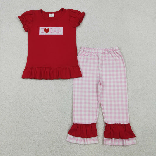 GSPO2072 Embroidery I Love Dad Baby Girls Shirts Checked Ruffle Pants Clothes Sets D 1024