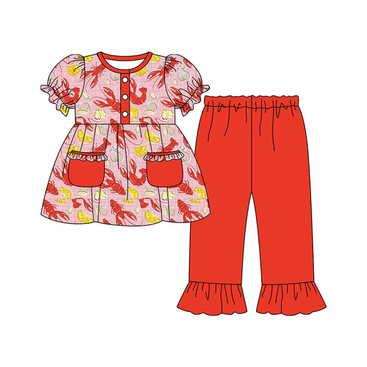 presale GSPO2073 Baby Girls Crayfishes Button Pockets Tunic Ruffle Pants Mardigras Clothes Sets D 917