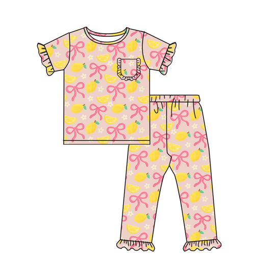 presale GSPO2074 Baby Girls Bows Lemons Flowers Pocket Top Ruffle Pants Pajamas Sets   D 917