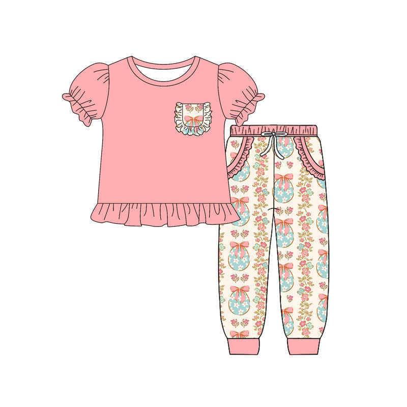 presale GSPO2075 Baby Girls Bows Eggs Flowers Pocket Top Ruffle Pants Easter Clothes Sets  D 917