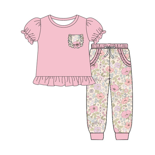 presale GSPO2077 Baby Girls Flowers Rabbits Pocket Top Jogger Pant Easter Clothes Sets D 918