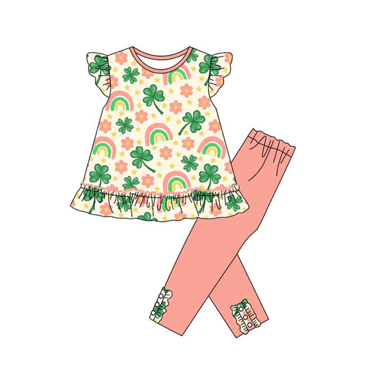 presale GSPO2078 Baby Girls Flowers Clovers Tunic Leggings Pant St Patrick Clothes Sets D 918