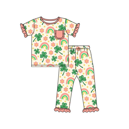 presale GSPO2079  Baby Girls Flowers Clovers Pocket Top Ruffle Pant St Patrick Pajamas Sets  D 918