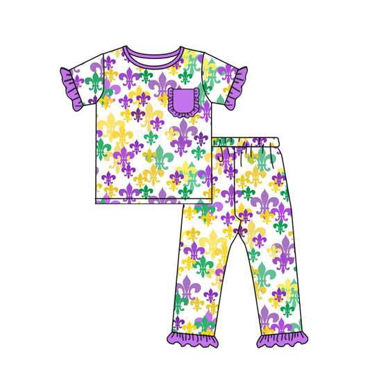 presale GSPO2080 Baby Girls Anchors Checked Pocket Top Ruffle Pants Mardigras Pajamas Sets D 919