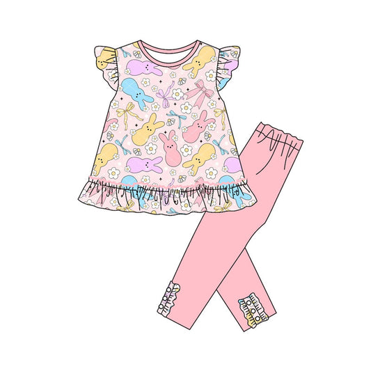 presale GSPO2081 Baby Girls Colorful Flowers Rabbits Tunic Legging Pants Easter Clothes Sets D 919