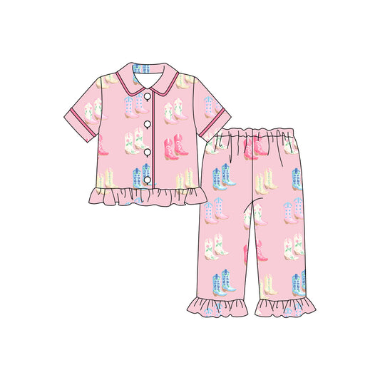 presale GSPO2082 Baby Girls Pink Boots Button Shorts Ruffle Sleeve Top Pants Pajamas Sets D 919