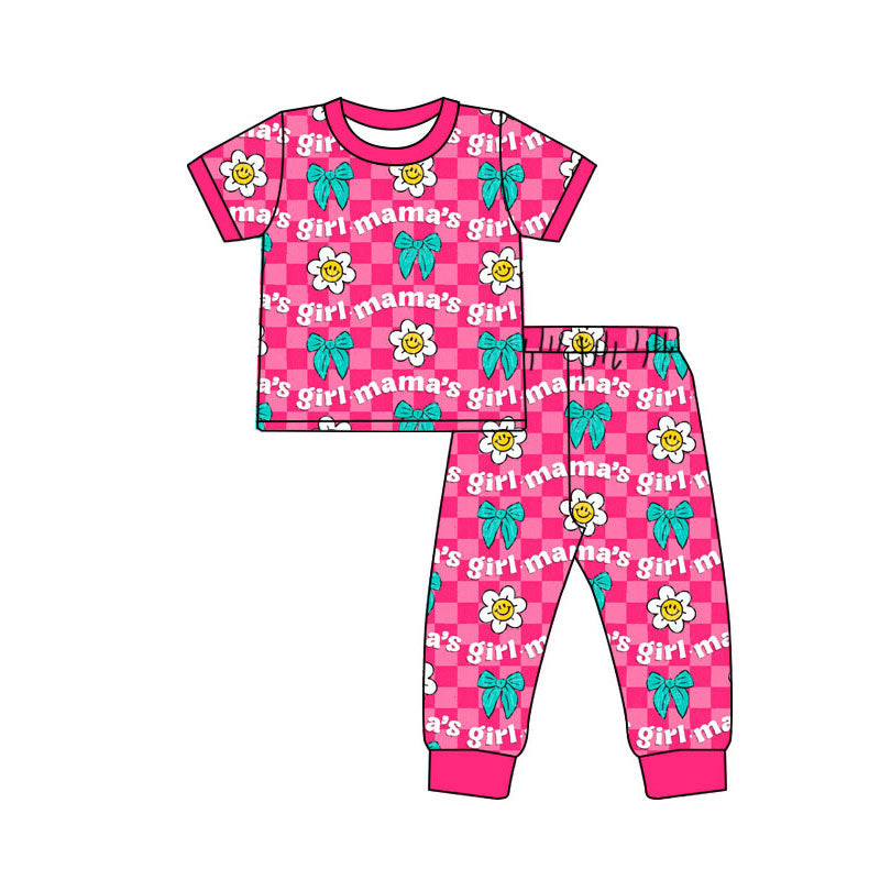 presale GSPO2084 Baby Girls Pink Checked Mamas Girls Bows Smiles Top Pants Pajamas Sets  D 920