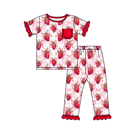 presale GSPO2089 Baby Girls Bows Strawberry Stripe Top Ruffle Pants Valentine Pajamas Sets  D 924