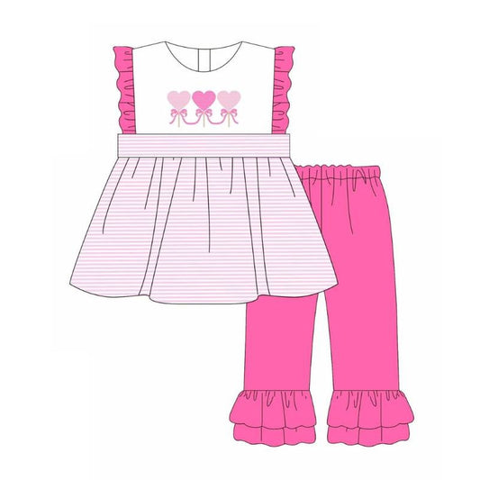 presale GSPO2106 Baby Girls Pink Hearts Stripe Tunic Ruffle Pants Valentine Clothes Sets D 1006