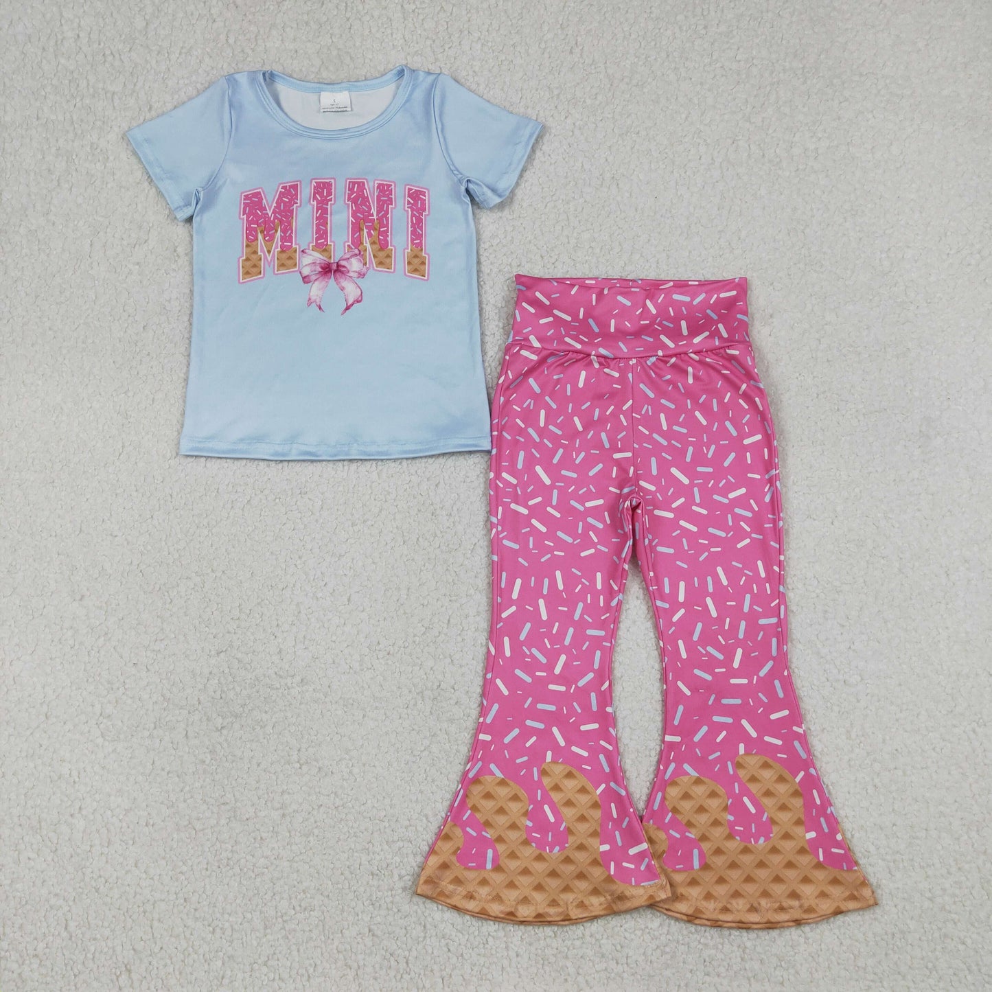 Baby Girls Sprinkle Drip Mini Bow Top with Bell Bottom Pants Outfit Set Cute Baby Clothing Set