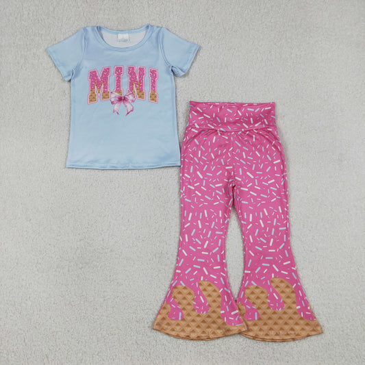 Baby Girls Sprinkle Drip Mini Bow Top with Bell Bottom Pants Outfit Set Cute Baby Clothing Set