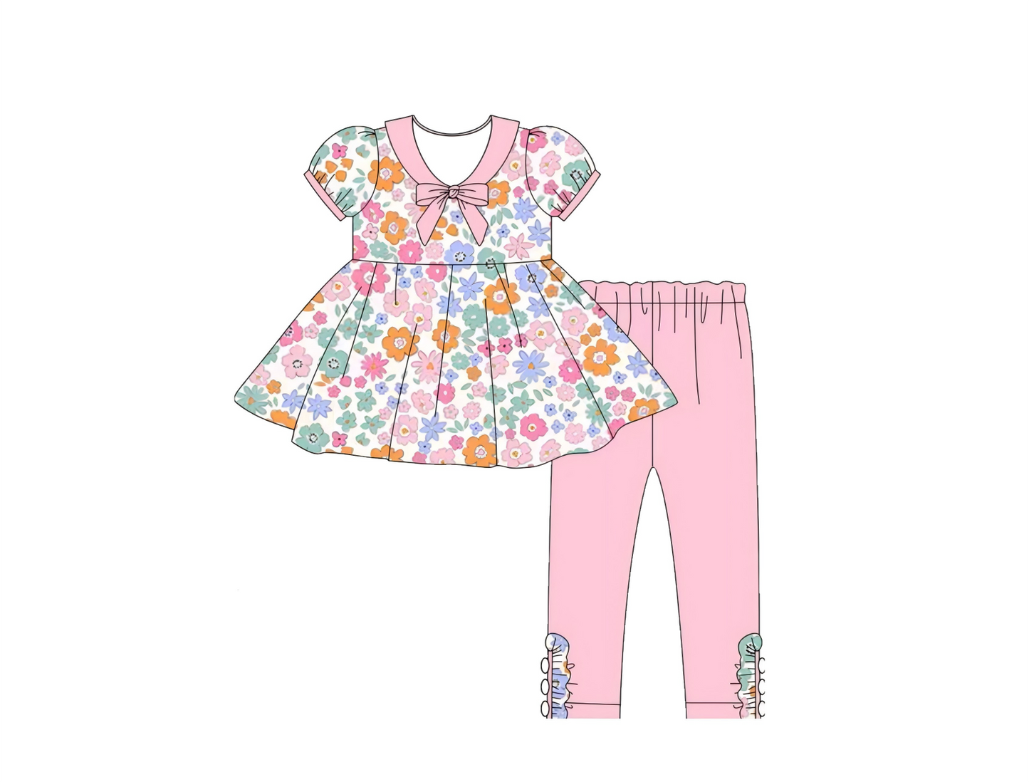 presale GSPO2108  Baby Girls Colorful Flowers Ruffle Sleeve Tunic Leggings Pants Clothes Sets D 1007
