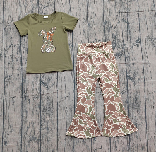 Pre-order Embroidery Camo Rabbit Baby Girls Shirt Top Bell Bottom Pants Easter Clothes Sets