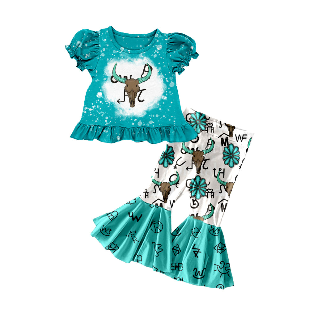 presale GSPO2114 Baby Girls Bull Skulls Ruffle Top Bell Bottom Pants Western Clothes Sets D 1010