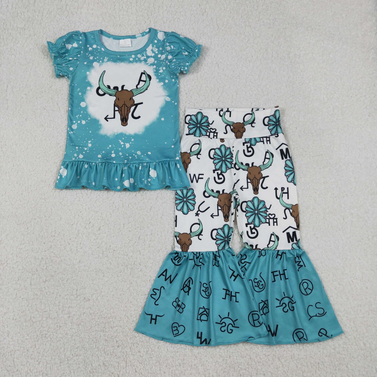 Baby Girls Western Style Clothes Set with Bull Skulls Ruffle Top And Bell Bottom Pants for Infants