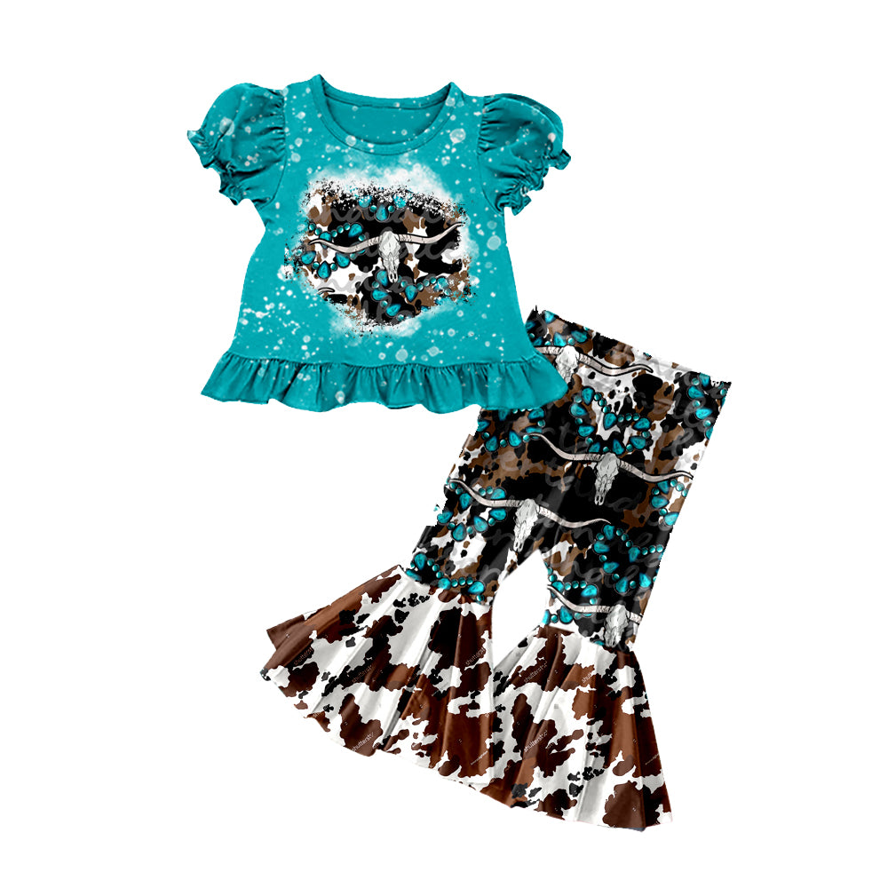 presale GSPO2116 Baby Girls Bull Skulls Turquoises Top Bell Bottom Pants Western Clothes Sets  D 1010