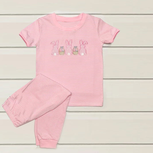 presale GSPO2117  Baby Girls Pink Stripe Rabbits Eggs Top Pants Easter Pajamas Sets  D 1010