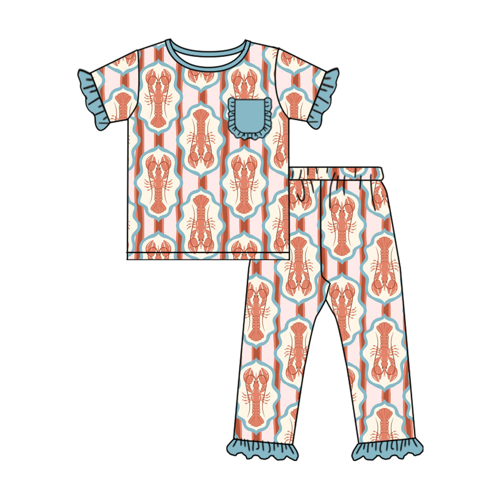 presale GSPO2118 Baby Girls Crayfishes Checked Pocket Top Ruffle Pants Pajamas Sets D 1014