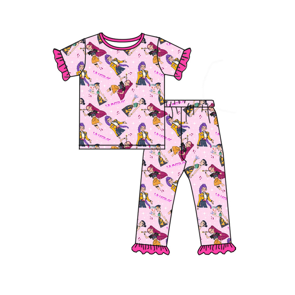 GSPO2121 Baby Girls Pink Cartoon Girls Top Ruffle Pants Pajamas Sets   D 1105