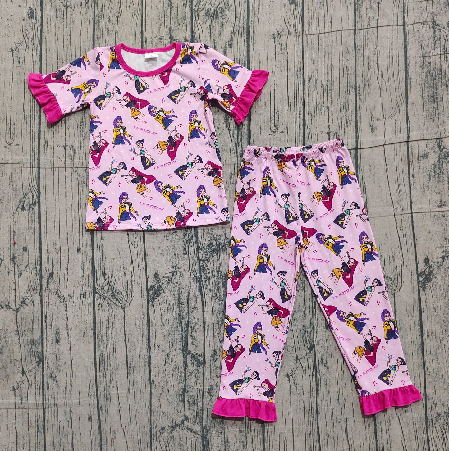 presale GSPO2121 Baby Girls Pink Cartoon Girls Top Ruffle Pants Pajamas Sets   D 1105