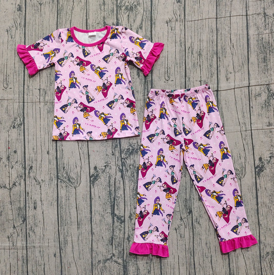 presale GSPO2121 Baby Girls Pink Cartoon Girls Top Ruffle Pants Pajamas Sets   D 1105