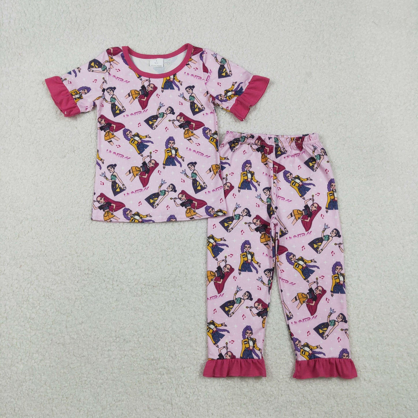 Sibling Pink Demon Hunter Top And Flare Pants Set Ruffle Knee-Length Dress Baby Girls Pajamas Clothes Set