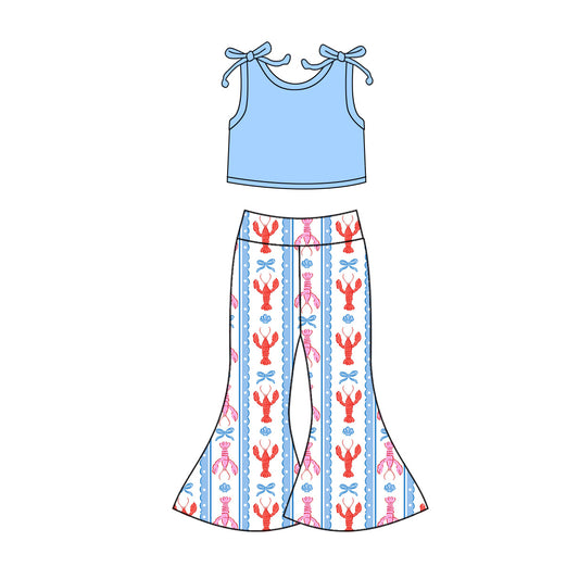 presale GSPO2123 Baby Girls Blue Sleeveless Vest Crayfishes Bell Bottoms Clothes Sets D 1017