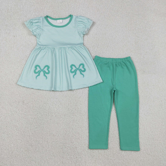 Baby Girls Embroidery Bows Aqua Stripe Tunic Leggings Pant Clothes Sets Cute Toddler Outfit
