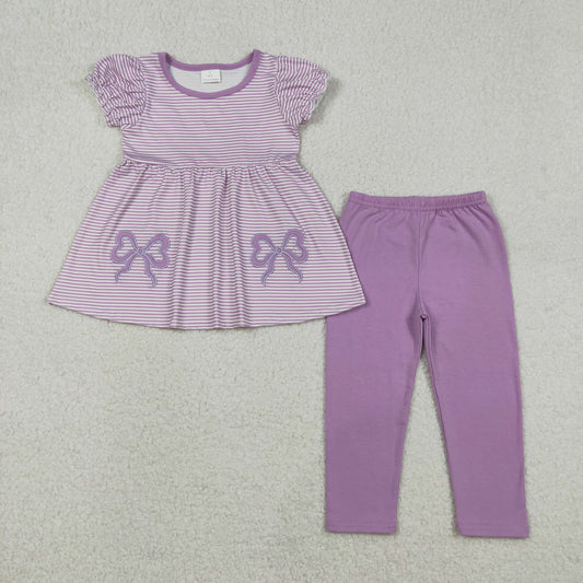 Lavender Stripe Embroidery Bows Baby Girls Tunic Leggings Pant Set Cute Girl Outfit Clothing Set for Infants