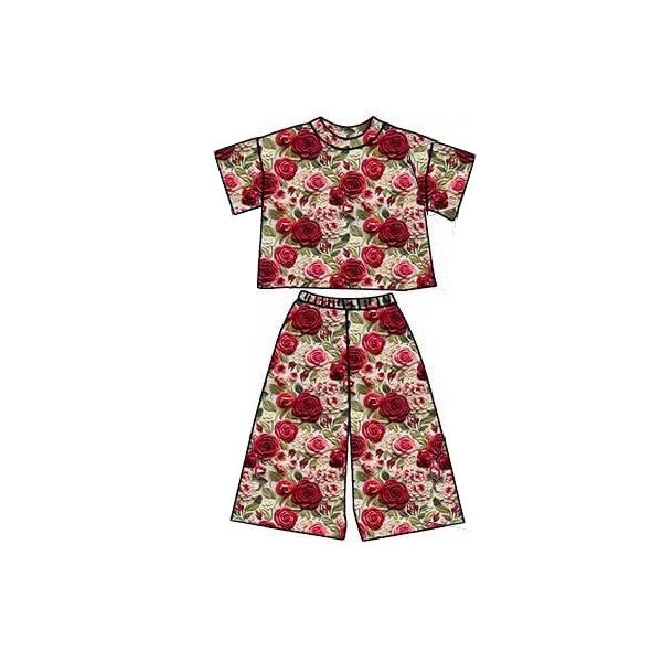 presale GSPO2174  Baby Girls Red Flowers Plaid Top Flare Pants Clothes Sets  D 1120