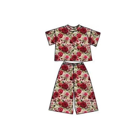 presale GSPO2174 Baby Girls Red Flowers Plaid Top Flare Pants Clothes Sets D 1120